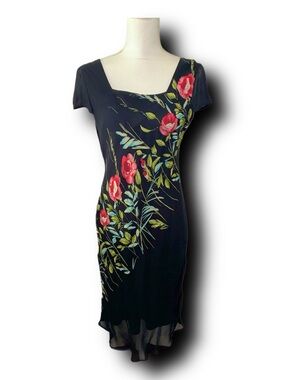 Vintage 90s Y2K Romantic Black Whimsigoth Floral Sheath Dress by American Angel
